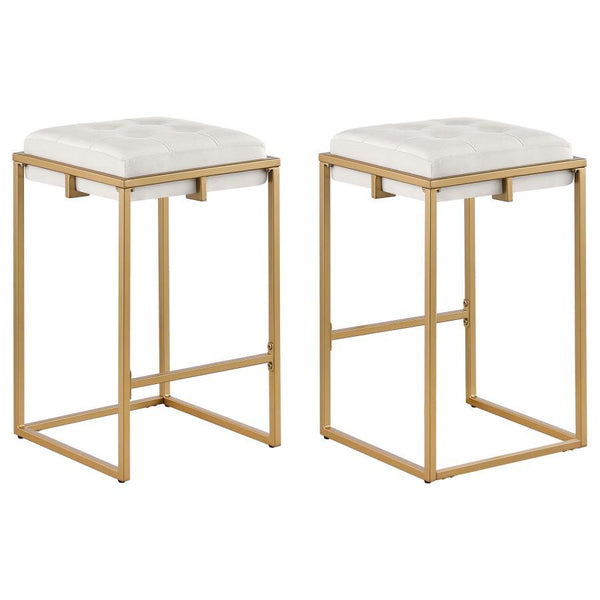 Sleek and sophisticated, these two modern glam stools offer a refreshingly chic style for bars and countertops. Slim, gold metal frames embrace the foam padded cushion, offering a comfy place to rest as you unwind and converse with guests and family. The 