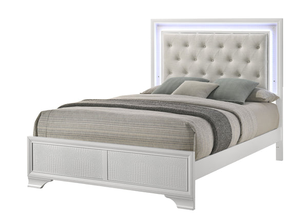  making a bold statement with its textured surfaces and crisp white finish. The bed