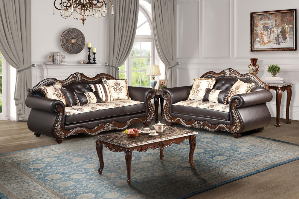 The Royal Classics Maximus 2-Piece Living Room Set, featuring a sofa and loveseat, is designed with a perfect blend of heirloom craftsmanship and timeless elegance. Each piece is expertly crafted from solid pine with premium polyurethane carvings that off
