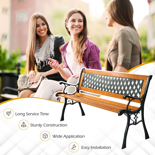It consists of well-painted iron cast structure  solid wood seat and backrest frame  and PVC backrest pattern. <br>It comes with a size of 49.5" x 20.5" x 29" and features a strong load-bearing capacity of up to 463 lbs. <br>It's able to comfortably seat 