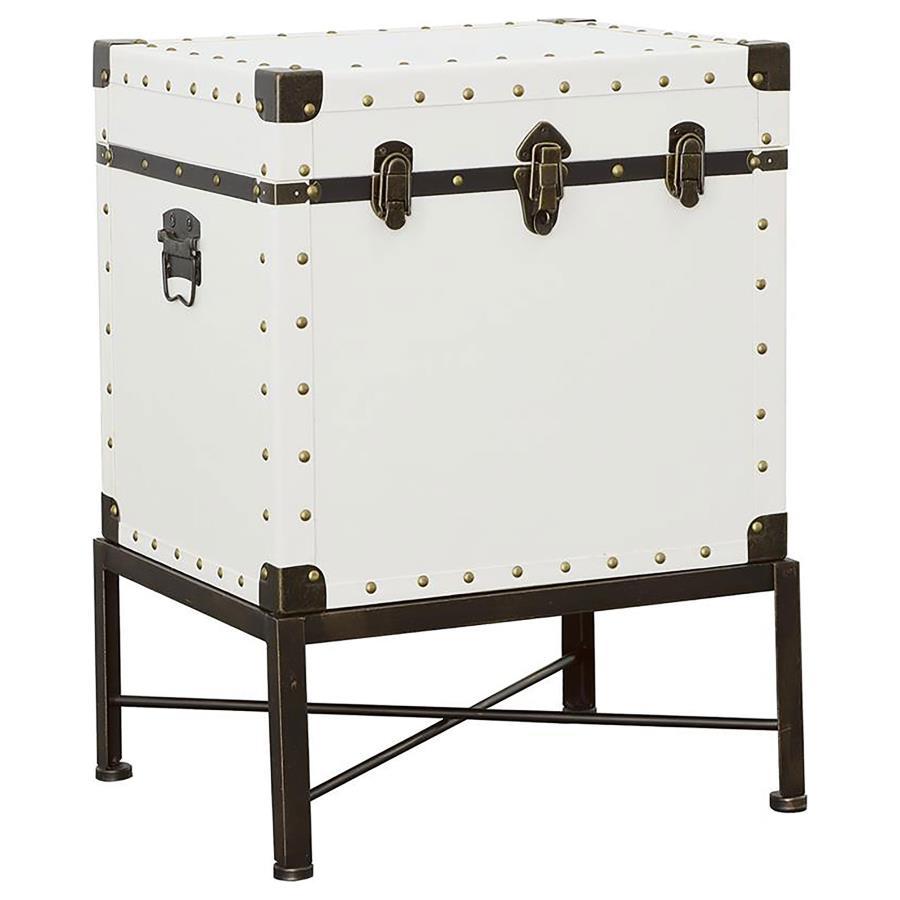 Add vintage-inspired charm to your space with this versatile side table and storage trunk combo. Upholstered in a smooth white leatherette, it features brushed brass nailhead accents for a touch of elegance. The sturdy metal base, finished in a brushed br