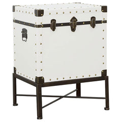 Add vintage-inspired charm to your space with this versatile side table and storage trunk combo. Upholstered in a smooth white leatherette, it features brushed brass nailhead accents for a touch of elegance. The sturdy metal base, finished in a brushed br
