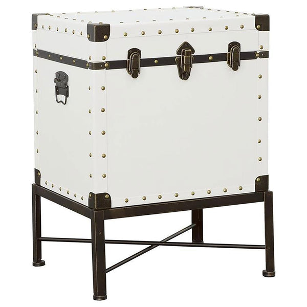 Add vintage-inspired charm to your space with this versatile side table and storage trunk combo. Upholstered in a smooth white leatherette, it features brushed brass nailhead accents for a touch of elegance. The sturdy metal base, finished in a brushed br