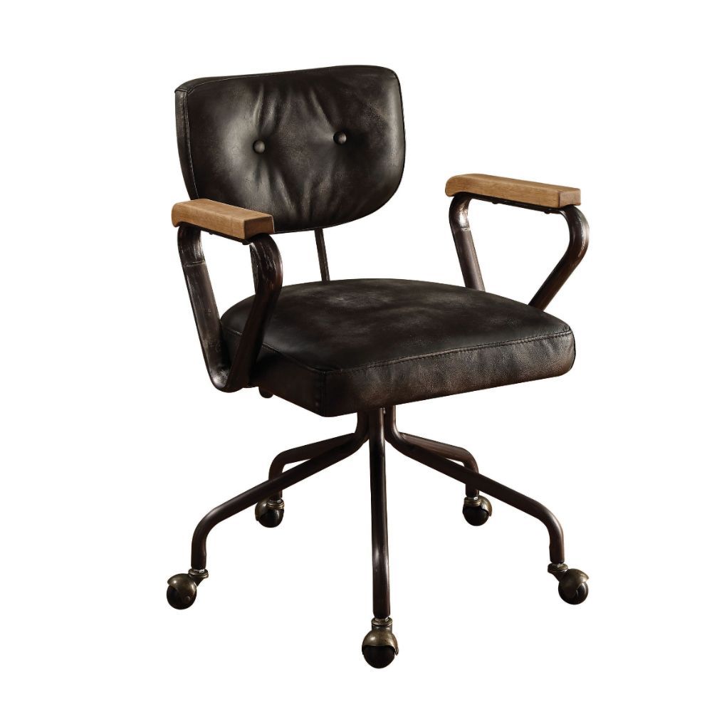 Our durable Hallie office chair gets its industrial look from oversized button tufted back and vintage top grain leather. The 5-star swivel base fitted with casters, it keeps you moving from one task to the next. Some Assembly Required.<br/><br/><b>Produc
