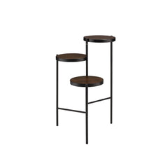 KD, Multi-Tiered Plant Stand Storage: 3 Open Compartments (Fixed Shelves, 10-"Dia) Function: Foldable Frame Wooden Round Tier Metal Frame with Straight Leg (Open Frame) CONSTRUCTION] Wooden Tier: Wood Veneer+MDF Frame & Leg: Metal Tube<br/><br/><b>Product