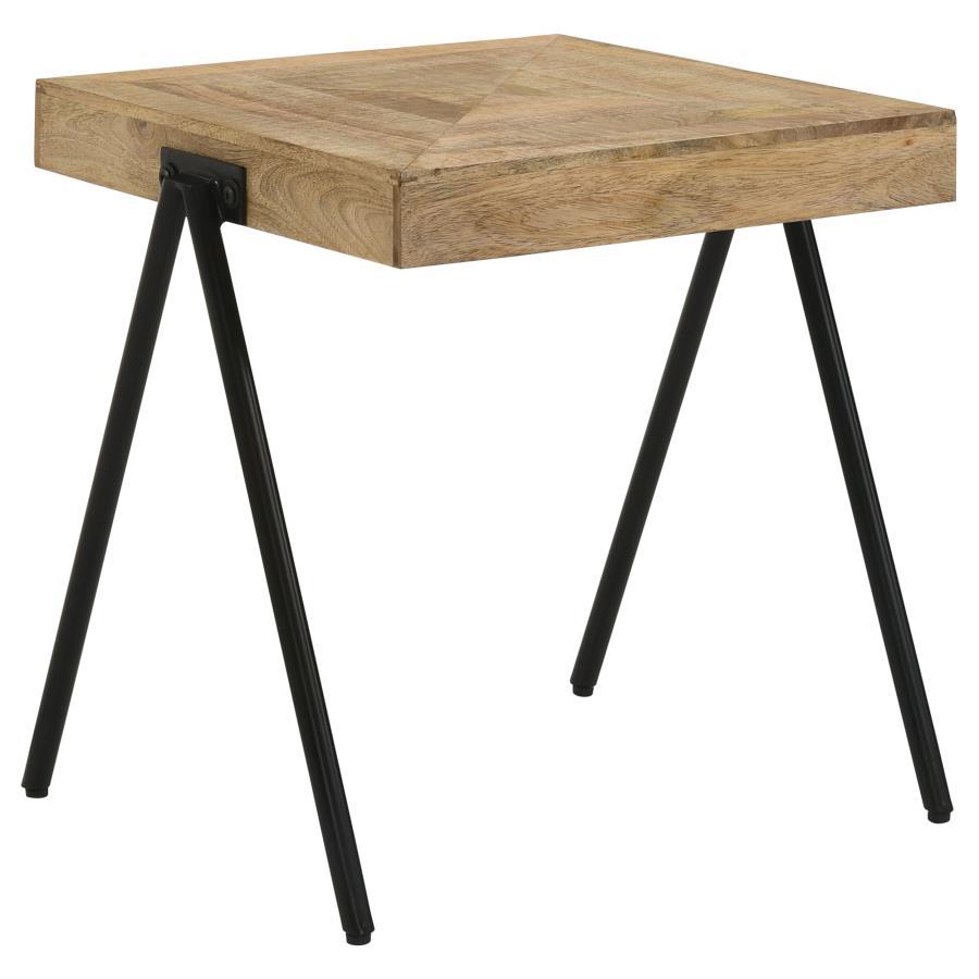Complete your living space with this square end table, featuring a solid mango wood top in a natural finish to emphasize its unique grain patterns. Supported by black powder-coated iron legs, this accent side table blends rustic charm with modern industri