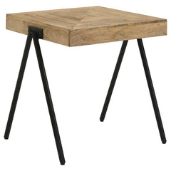 Complete your living space with this square end table, featuring a solid mango wood top in a natural finish to emphasize its unique grain patterns. Supported by black powder-coated iron legs, this accent side table blends rustic charm with modern industri