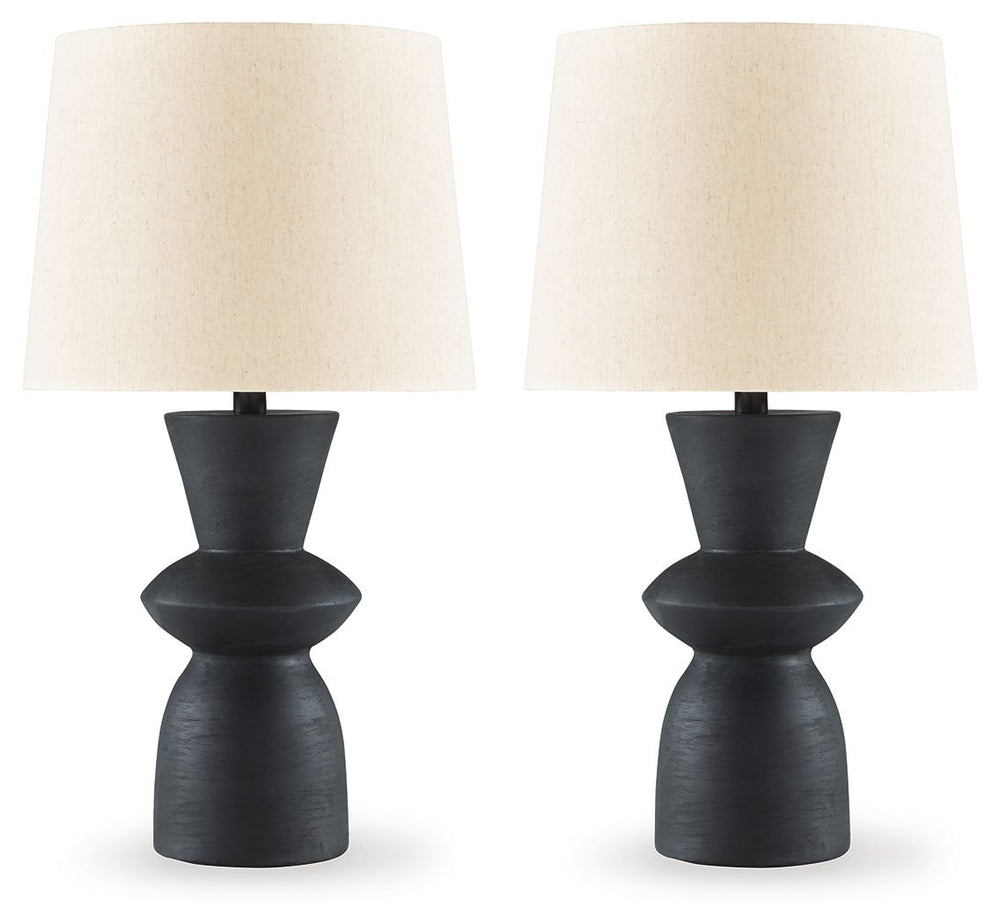 Turn on the brilliance and modern flair of this table lamp set. The angular silhouette and intriguing base in distressed black are the definition of bold style. These lamps pair wonderfully with contemporary furniture.<br><br><b>Additional Dimensions</b><