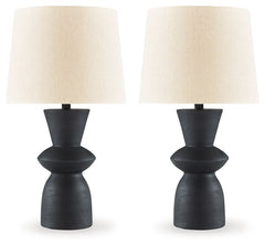 Turn on the brilliance and modern flair of this table lamp set. The angular silhouette and intriguing base in distressed black are the definition of bold style. These lamps pair wonderfully with contemporary furniture.<br><br><b>Additional Dimensions</b><