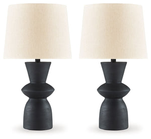Turn on the brilliance and modern flair of this table lamp set. The angular silhouette and intriguing base in distressed black are the definition of bold style. These lamps pair wonderfully with contemporary furniture.<br><br><b>Additional Dimensions</b><