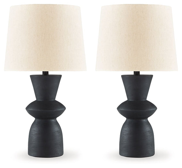 Turn on the brilliance and modern flair of this table lamp set. The angular silhouette and intriguing base in distressed black are the definition of bold style. These lamps pair wonderfully with contemporary furniture.<br><br><b>Additional Dimensions</b><