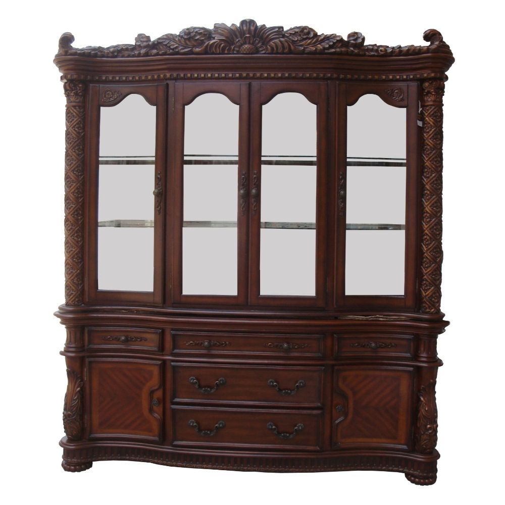 Hutch & Buffet Hutch: Touch Light, 4 Glass Doors (2 glass Shelves Inside), Oversized Crown Buffet: 5 Drw & 2 Wooden Doors (KD Leg) Drawer: GLIDE Side Metal (Ball Bearing), DOVETAIL English Back Only, Felt Line All Drawers Shaped Glass Door (Size Not Avail