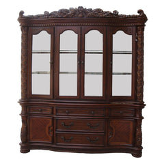 Hutch & Buffet Hutch: Touch Light, 4 Glass Doors (2 glass Shelves Inside), Oversized Crown Buffet: 5 Drw & 2 Wooden Doors (KD Leg) Drawer: GLIDE Side Metal (Ball Bearing), DOVETAIL English Back Only, Felt Line All Drawers Shaped Glass Door (Size Not Avail