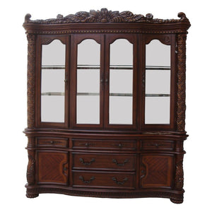 Hutch & Buffet Hutch: Touch Light, 4 Glass Doors (2 glass Shelves Inside), Oversized Crown Buffet: 5 Drw & 2 Wooden Doors (KD Leg) Drawer: GLIDE Side Metal (Ball Bearing), DOVETAIL English Back Only, Felt Line All Drawers Shaped Glass Door (Size Not Avail