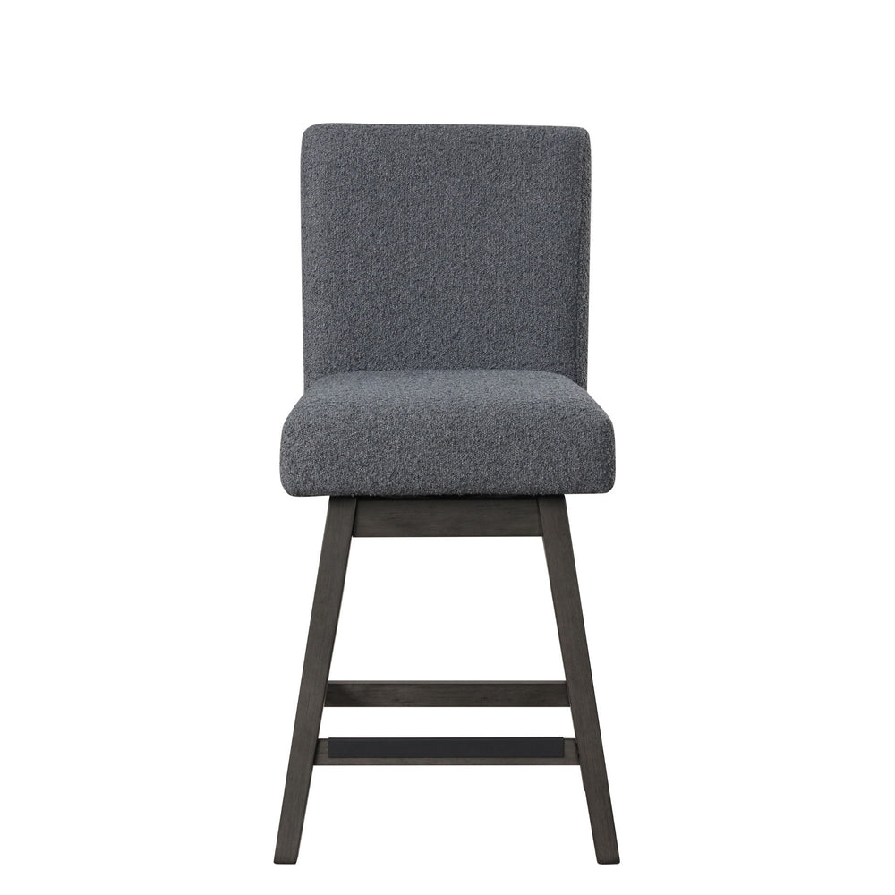 The High Line Counter Height Swivel Chairs in Gray offer a blend of durability, comfort, and functionality. Each set includes two counter swivel stools, expertly crafted from solid Acacia and Rubberwood, complemented by high-quality manufactured woods and