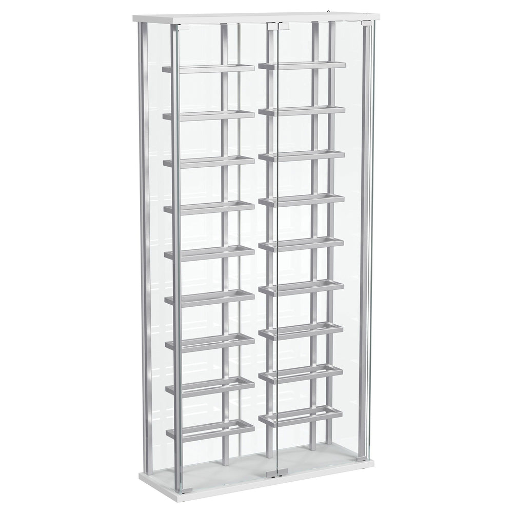 Put the spotlight - literally - on your favorite vintages with a modern bar cabinet. The glass cabinet is crystal clear with built-in LED lighting, offering bright, open flair in your dining room or home lounge. The cabinet features two glass doors with c