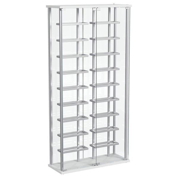 Put the spotlight - literally - on your favorite vintages with a modern bar cabinet. The glass cabinet is crystal clear with built-in LED lighting, offering bright, open flair in your dining room or home lounge. The cabinet features two glass doors with c