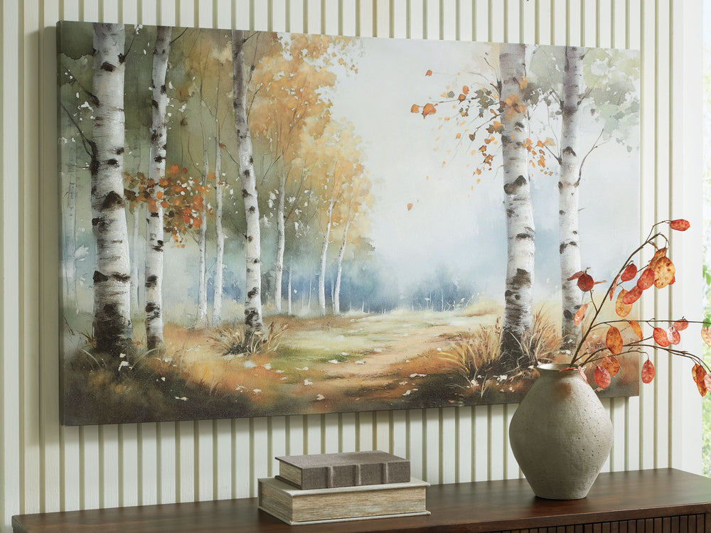 Explore a winding path through the woods with this wall art. A lovely interpretation of natural landscapes, its muted hues evoke the feeling of a peaceful stroll. The picturesque piece is a charming addition to a living room or office.<br/><br/><b>Product