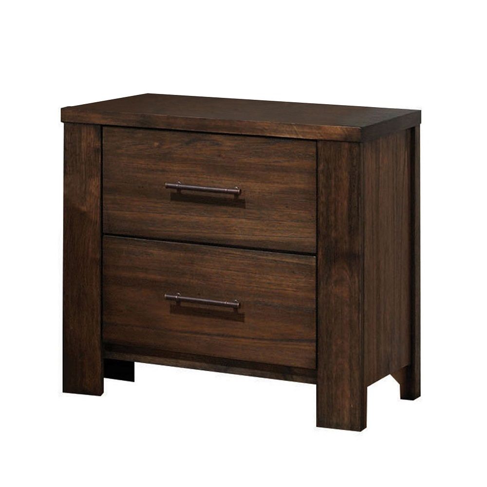 The Merrilee nightstand features 2 drawers with oak finish. All drawers have English dovetail, center metal glides and antique brass metal hardware. Offers you plentiful storage with spacious drawers<br/><br/><b>Product Features</b><ul><li>Wooden Frame & 