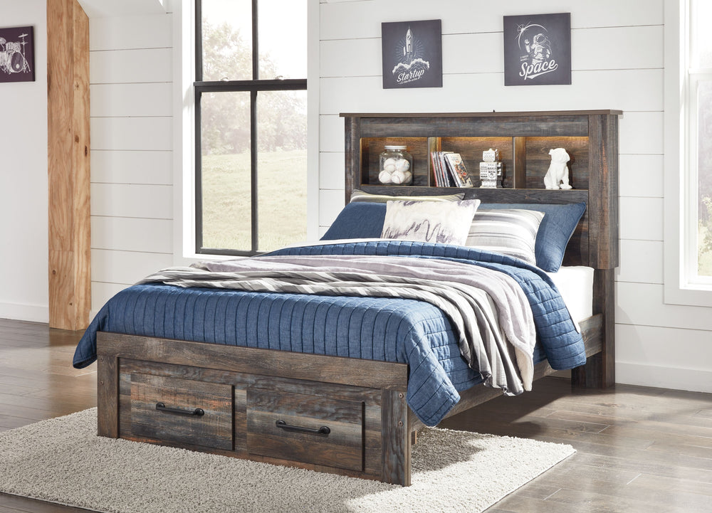 When merged in just the right way, rustic and industrial styles can make one happy marriage. Case in point: this full bookcase bed with storage. A refined take on barn board beauty, its complex, replicated wood grain showcases hints of burnt orange and te