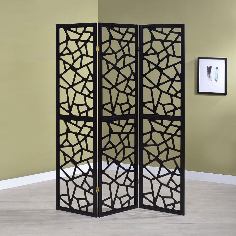 Make a bold statement in any space with this 3-panel room divider, featuring an eye-catching mosaic cutout pattern that enhances modern and mid-century dÃ©cor. The sleek black finish creates a striking contrast, while the open geometric design allows ligh