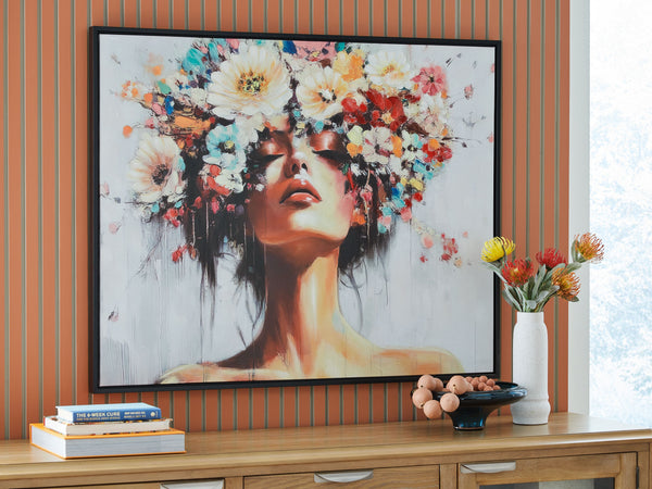  featuring a woman-'s headdress overflowing with a stunning variety of flowers. It-'s sure to brighten your mood each time you see it.<br/><br/><b>Product Fea