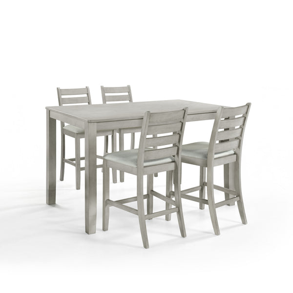Discover the Pascal 5 Piece Counter Height Dining Room Set in Driftwood Gray, featuring a wood counter dining table and four counter chairs. This set is crafted from a durable combination of solid Rubberwood and manufactured woods, ensuring long-lasting q