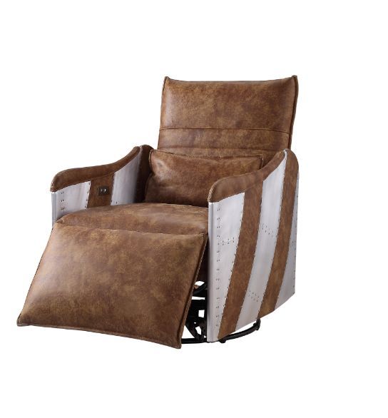 A perfect mixture of industrial style and comfort. The Qalurne Power Motion Recliner is accented by genuine leather and aluminum patchwork for a complete industrial look. It features tight seat and back cushions and offers a full foam seat with genuine le