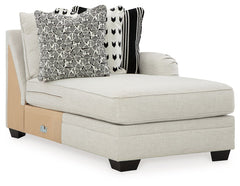 This right-arm facing corner chaise is made with polyester/linen/viscose upholstery. Pairs with other items in the series to make a sectional.<br><br><b>Additional Dimensions</b><br><ul><li>Arm height: 27-"</li><li>Seat depth: 50-"</li><li>Seat height: 21
