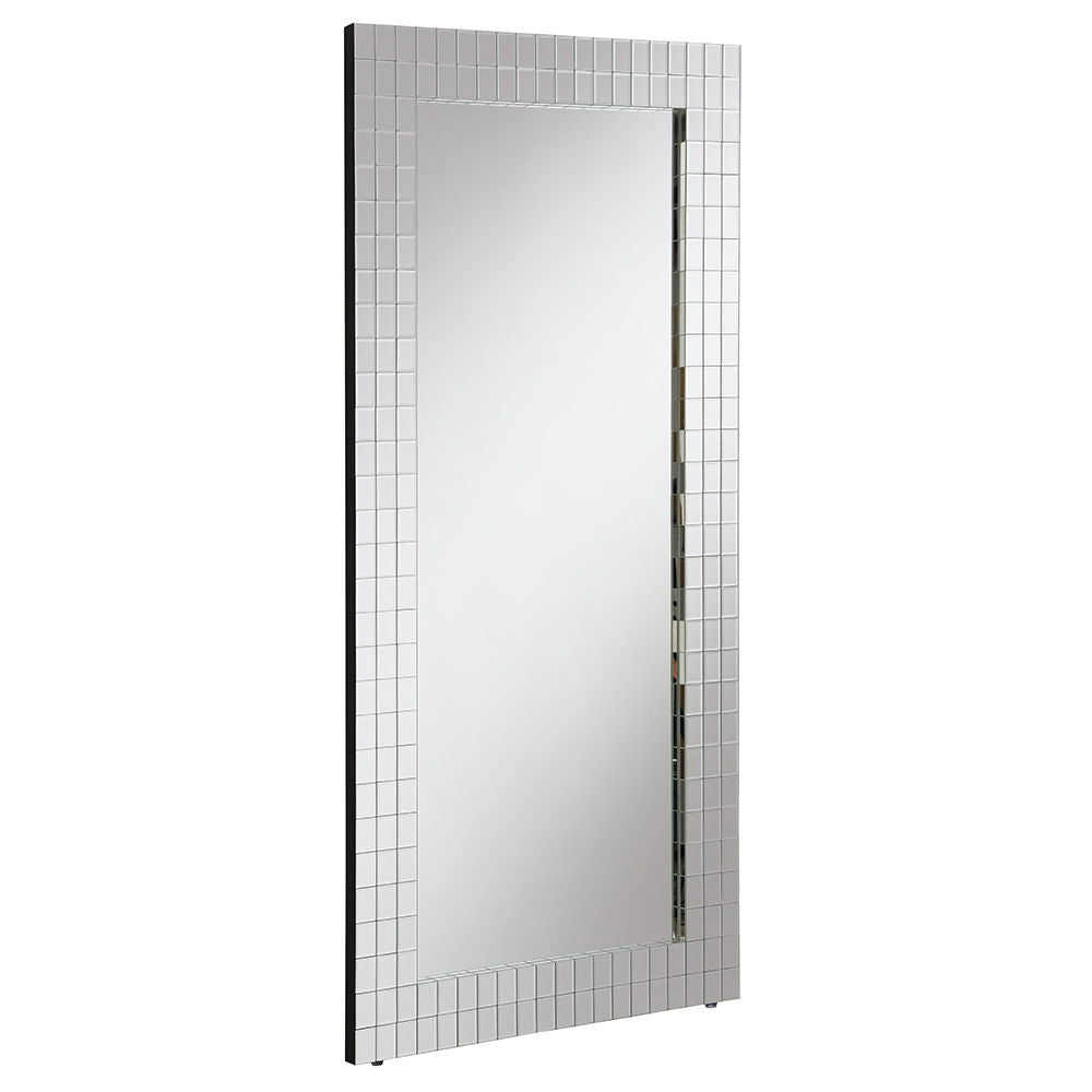 Get the Dominic collection accent floor mirror to your living area with its stunning mosaic style frame. This full length mirror not only enhances the decor but also provides a practical reflection for any space. Its intricate design and reflective surfac