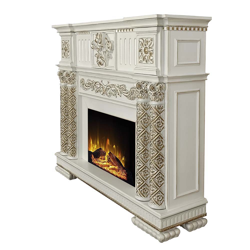 Classy meets functional in this Vendom fireplace. This unit is finished in antique pearl and features beautiful carvings for a traditional look. It features realistic flame and amber effects to create the perfect cozy night in. The flame effects can be us