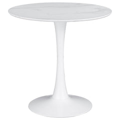 Inspired by classic mid-century design, this round dining table brings timeless elegance to any space. The smooth faux marble top offers a refined aesthetic while providing easy maintenance with a durable polyurethane sealer. A sleek tulip base enhances i