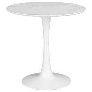 Inspired by classic mid-century design, this round dining table brings timeless elegance to any space. The smooth faux marble top offers a refined aesthetic while providing easy maintenance with a durable polyurethane sealer. A sleek tulip base enhances i