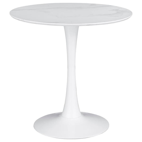 Inspired by classic mid-century design, this round dining table brings timeless elegance to any space. The smooth faux marble top offers a refined aesthetic while providing easy maintenance with a durable polyurethane sealer. A sleek tulip base enhances i