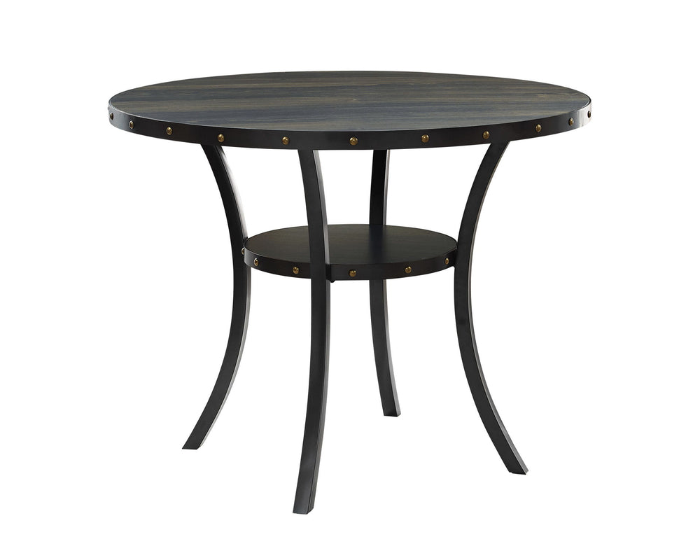 The Crispin Counter Dining Table features a 48" round table top that easily accommodates 4 person seating. It is crafted of solid wood and manufactured wood and features a scratch, water and heat resistant melamine top. Study metal legs that add character