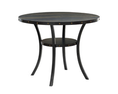 The Crispin Counter Dining Table features a 48" round table top that easily accommodates 4 person seating. It is crafted of solid wood and manufactured wood and features a scratch, water and heat resistant melamine top. Study metal legs that add character