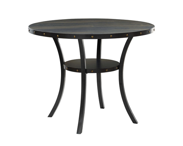 The Crispin Counter Dining Table features a 48" round table top that easily accommodates 4 person seating. It is crafted of solid wood and manufactured wood and features a scratch, water and heat resistant melamine top. Study metal legs that add character