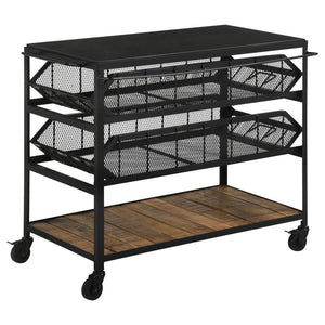 Combining industrial style with practical functionality, this versatile storage cart features three spacious shelves for effortless organization. The natural-finish mango wood shelves contrast beautifully against the black mesh metal frame, creating an ur
