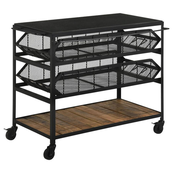 Combining industrial style with practical functionality, this versatile storage cart features three spacious shelves for effortless organization. The natural-finish mango wood shelves contrast beautifully against the black mesh metal frame, creating an ur