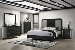 The Skyline 5-Piece Bedroom Set blends modern style with durability. Crafted from solid Rubberwood, engineered woods, and Ash veneers, it features an Onyx Black finish with gray glazing that enhances the wood grain. The upholstered panel bed adds plush co