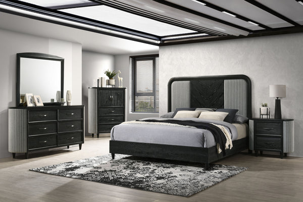 The Skyline 5-Piece Bedroom Set blends modern style with durability. Crafted from solid Rubberwood, engineered woods, and Ash veneers, it features an Onyx Black finish with gray glazing that enhances the wood grain. The upholstered panel bed adds plush co