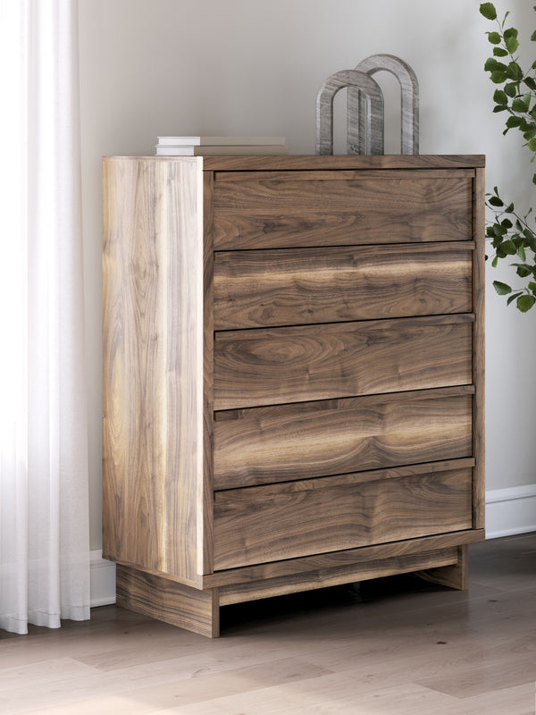  retooled for todayâ€™s trends. This wide chest of drawers puts an elevated twist on mod aesthetics. Its warm brown tones reflect the mid-century vibes you love