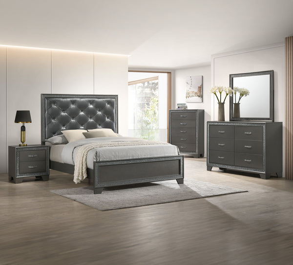 This luxurious bedroom collection exudes opulence with its dark, shimmering finishes and plush, tufted upholstery. The bed is a showstopper, featuring a high, tufted headboard that invites you to recline in comfort and style. Accompanying the bed are a ma