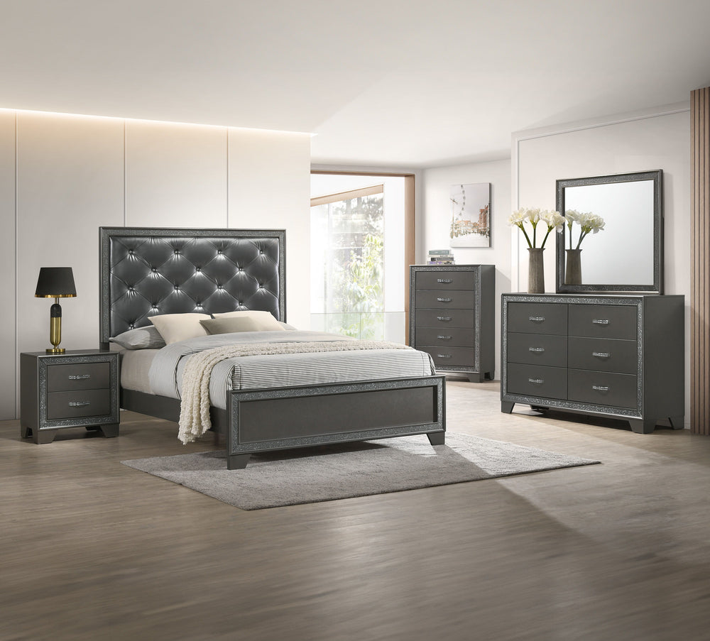 This luxurious bedroom collection exudes opulence with its dark, shimmering finishes and plush, tufted upholstery. The bed is a showstopper, featuring a high, tufted headboard that invites you to recline in comfort and style. Accompanying the bed are a ma