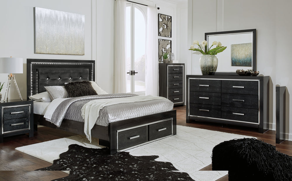 Rest easy. The luxurious look youâ€™ve been dreaming of is yours for the takingâ€”at a price sure to put you at ease. This storage bedroom group brings a sense of old Hollywood with a contemporary flair. A deep, dark finish, faceted chrome-tone accents an