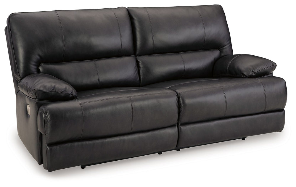 Striking form, meet contemporary function. This power reclining sofa combines your ideal comfort features, like one-touch reclining and adjustable headrests, into one sophisticated package. With a design defined by the luxe look of black leather, this sof