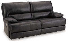 Striking form, meet contemporary function. This power reclining sofa combines your ideal comfort features, like one-touch reclining and adjustable headrests, into one sophisticated package. With a design defined by the luxe look of black leather, this sof