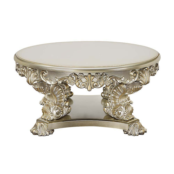  the Sorina coffee table is a great addition to your living room. The silver and gold finishes complement each other flawlessly. This coffee table showcases elaborate carvings on the table base to recreate 