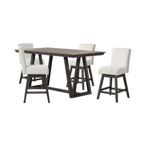 The High Line 5 Piece Counter Dining Set with Swivel Stools combines style, durability, and comfort for your dining area. This set includes a counter-height trestle table and four white swivel counter chairs, providing functionality and modern aesthetics.
