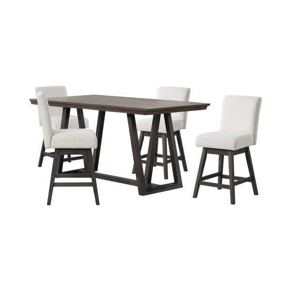 The High Line 5 Piece Counter Dining Set with Swivel Stools combines style, durability, and comfort for your dining area. This set includes a counter-height trestle table and four white swivel counter chairs, providing functionality and modern aesthetics.